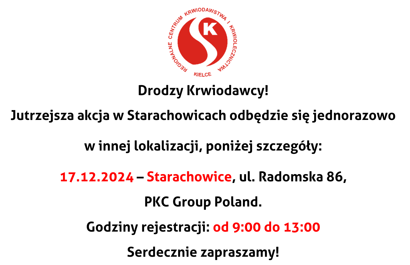 Jednorazowa zmiana miejsca stałej akcji w Starachowicach - 17 grudnia 2024 r.