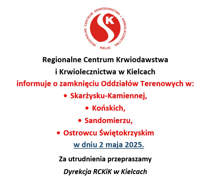 RCKiK w Kielcach informuje o nieczynnych Oddziałach Terenowych 2 maja 2025r.