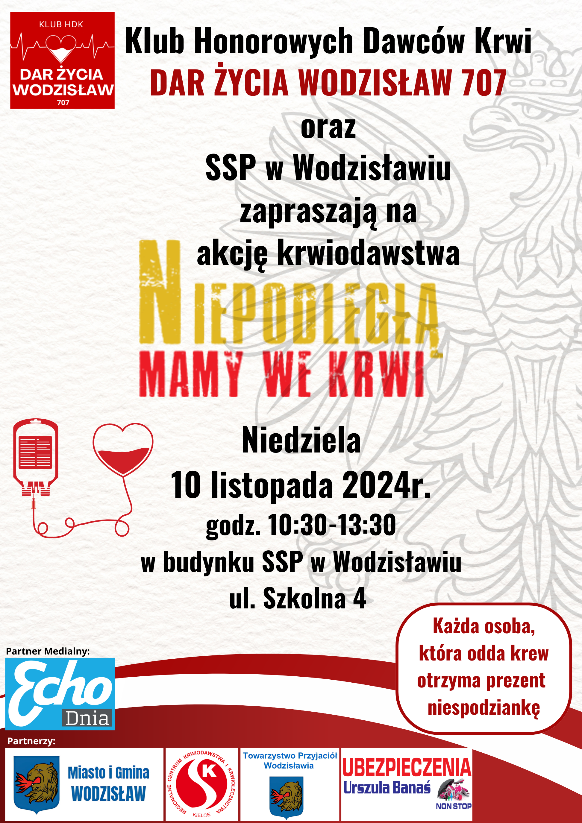 SSP w Wodzisławiu zapraszają na akcję krwiodawstwa "Niepodległą Mamy we Krwi" 10 listopada 2024 r.