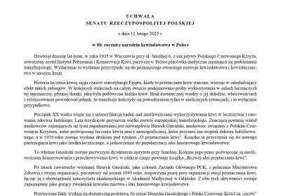 Uchwała Senatu Rzeczypospolitej Polskiej z dnia 12 lutego 2025 r. w 90. rocznicę narodzin krwiodawstwa w Polsce