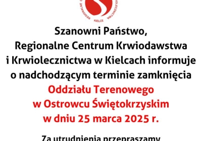 Nieczynny Oddział Terenowy w Ostrowcu Świętokrzyskim w dniu 25 marca 2025 r.
