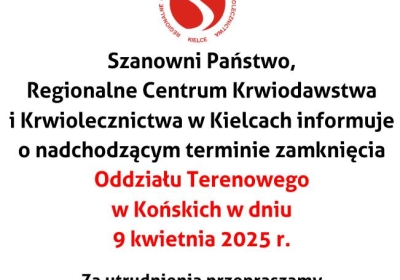 Nieczynny Oddział Terenowy w Końskich w dniu 9 kwietnia 2025 r.