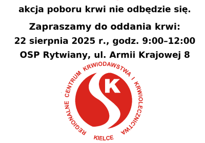 Imformujemy o odwołaniu planowanej akcji poboru krwi w Staszowie - 18.08.2025r.