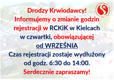 Zmiany w godzinach rejestracji krwiodawców w czwartki (OD WRZEŚNIA)